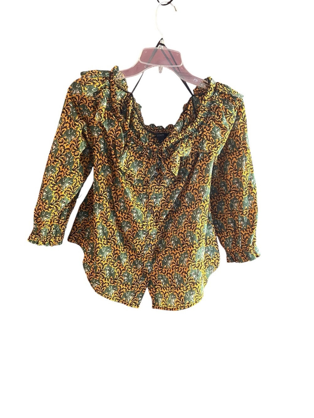 J. Crew mustard green black white Ratti Elephant print off-shoulder blouse Sz 10